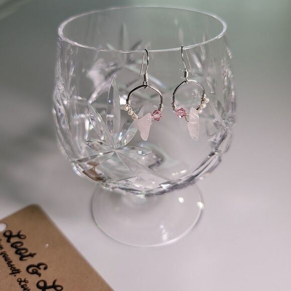 NWT Loot & Love 925 Sterling Silver Earrings Pearl Rose Quartz Crystal - Picture 2 of 4